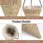 2 Pcs Hanging Plant Flower Basket for Outdoor Spring Decoration, 7.87 Inches Black Iron Chain Wicker Woven Conical Artificial Flower Hanging Basket, Plants Not Included (Brown)