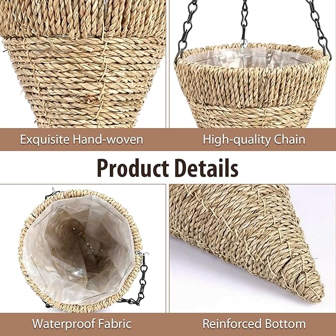 2 Pcs Hanging Plant Flower Basket for Outdoor Spring Decoration, 7.87 Inches Black Iron Chain Wicker Woven Conical Artificial Flower Hanging Basket, Plants Not Included (Brown)