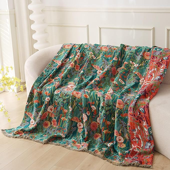 Boho Throw Blanket for Bed 100% Cotton Ultra Soft Rustic Quilt Floral Printed Farmhouse Decor Fall Bed Blankets,80"×90" All Season Rustic Large Throw for Sofa Couch Chair