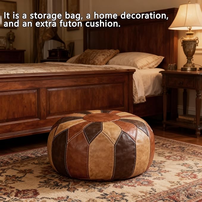 Thgonwid Unstuffed Moroccan Faux Leather Pouf Ottoman with Storage - Handmade Boho Chic Multi-Use Footrest for Living Room, Bedroom, Patio - Round Ethnic Floor Cushion & Decorative Accent, Tricolor