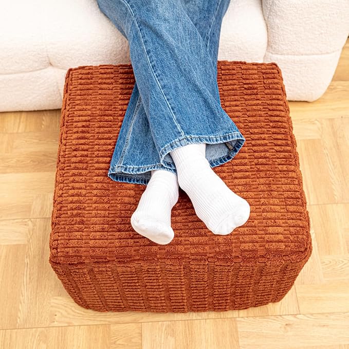 Asuprui Round Square Pouf Ottoman Foot Rest – Lightweight Modern Footstool with Plush Foam Filling, Perfect for Living Room Decor & Cozy Comfort – 20x20x14 Inch Chic Accent Piece (Burnt Orange)