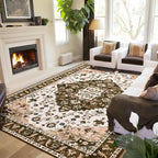 Amearea Vintage Design Area Rugs for Living Room, 5x8 Machine Washable Floral Collection Traditional Bedroom Rug, Low Pile Cute Kids Room Print Carpet, No Slip Office Kitchen Home Decor, Brown