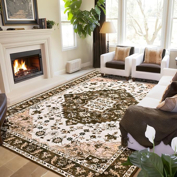 Amearea Vintage Design Area Rugs for Living Room, 8x10 Machine Washable Floral Collection Traditional Bedroom Rug, Low Pile Cute Kids Room Print Carpet, No Slip Office Kitchen Home Decor, Brown