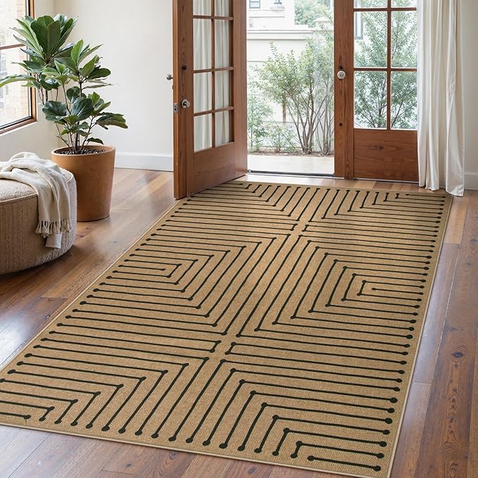 Lahome Neutral Geometric 5x7 Washable Rugs for Living Room Office, Black and Nature Outdoor Patio Rug Farmhouse Rhombus Non Slip Non Shedding Carpet for Classroom Balcony Dining Room