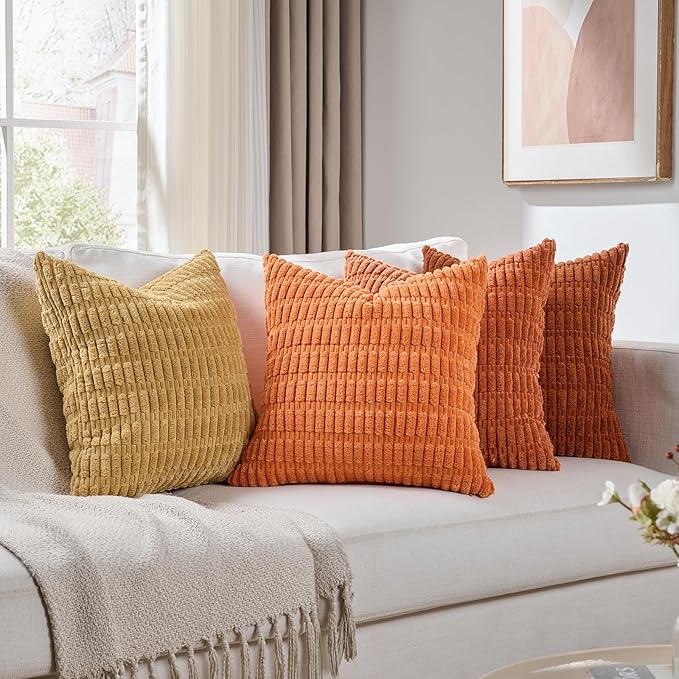 Fancy Homi Set of 4 Burnt Orange Fall Decorative Throw Pillow Covers 14x14 Inch for Couch Bed Chair, Modern Farmhouse Boho Room Decor, Soft Fuzzy Corduroy Textured Striped Cushion Case 35cm