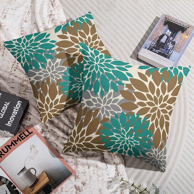 Brown Teal Pillow Covers 20X20 Inch Set of 2, Dahlia Flower Spring Summer Floral Cream Decorative Throw Pillow Covers Outdoor Modern Farmhouse Cushion Case for Home Couch Sofa Bed Decor