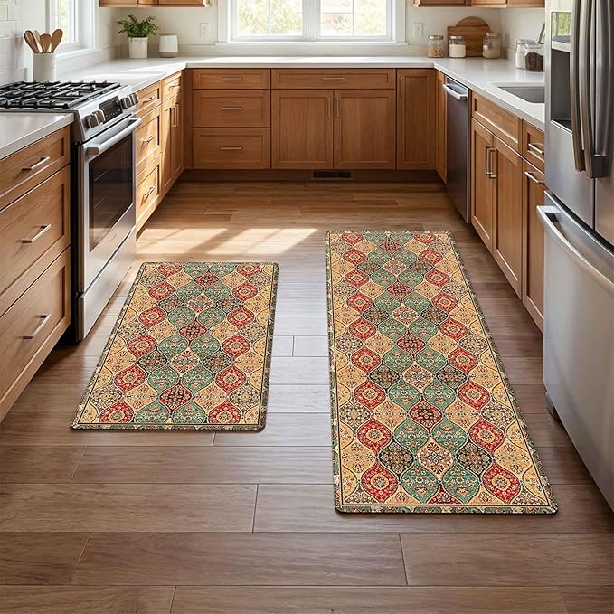 Moroccan Kitchen Rug Mats for Floor Cushioned Anti Fatigue Boho Vintage Kitchen Rugs Sets of 2 Red Yellow Non Slip Waterproof Comfort Memory Foam Standing Floor Mat for Laundry Sink Desk