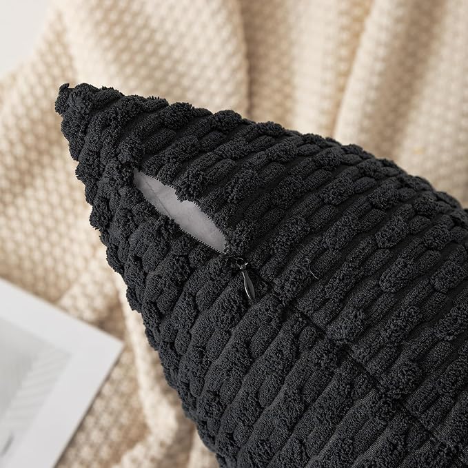 Kevin Textile 14x20 Inch Pillow Cover 1 Pack Boho Decorative Soft Striped Corduroy Lumbar Farmhouse Accent Rectangle Cushion Case for Living Room Couch Sofa Bed, Black