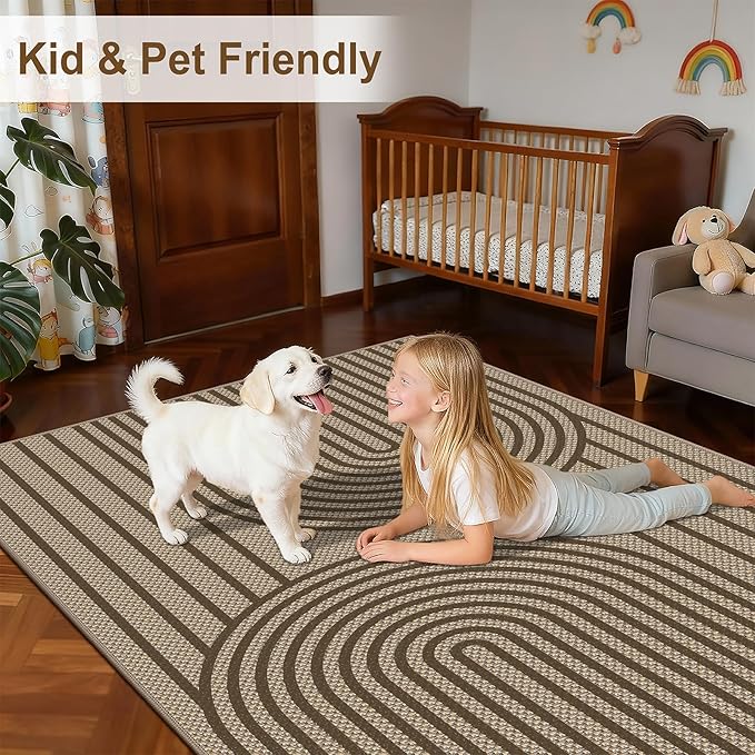Outdoor Rug 5x7 Rugs for Living Room Washable Non-Slip Easy Jute Rug Indoor Outdoor Low Pile Ultra-Thin Area Rug Brown Rainbow Carpet for Dining Room Bedroom Patio Office Dorm Nursery Floor Mats