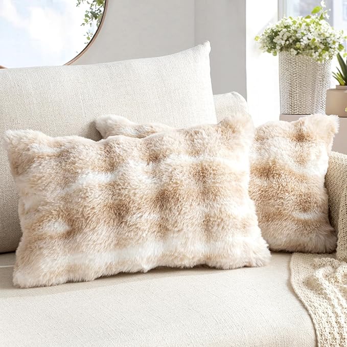 MIULEE Faux Fur Pillow Covers Thick Soft Plush Lumbar Throw Pillows Luxury Spring Home Decor for Couch Bed Chair Bedroom Living Room Sofa,12x20 Inch Pack of 2 White-Beige