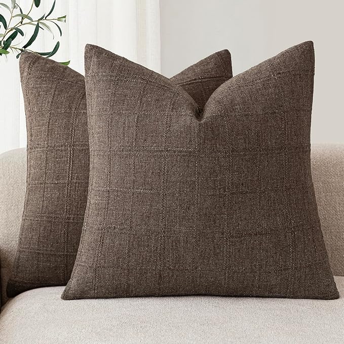 Foindtower Set of 2 Decorative Linen Check Throw Pillow Covers Neutral Farmhouse Vintage Cushion Covers Modern Boho Home Decor for Sofa Chair Couch Bedroom Living Room,16×16 Inch,Dark Brown