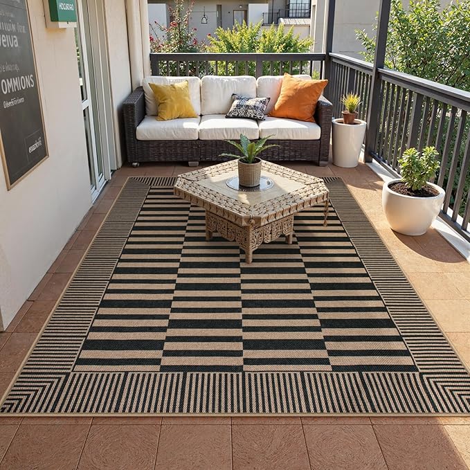Beevia Striped 5x7 Black Jute Rug, Washable Outdoor Indoor Carpet for Living Room Dining Room, Farmhouse Modern Non-Slip Non-Shedding Rug for Patio Deck Porch Decor (Black, 5x7ft)