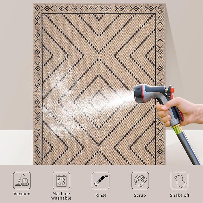 Tangsoo Modern Easy Jute Rug 5x7 Large Washable Area Rug for Dining Room,Geometric Ultra Thin Non-Slip Indoor Outdoor Rug,Farmhouse Carpet for Living Room Patio Bedroom