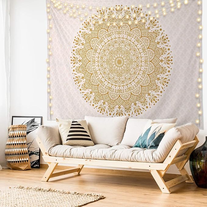 Edeesky White and Gold Mandala Tapestry Wall Art for Living Room, Bedroom Decor