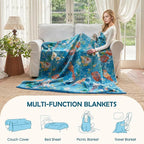 Boho Throw Blanket - 100% Cotton Ultra Soft Muslin Spring Blanket, 50"x60" Lightweight Floral Bird Printed Framhouse Bedding Blanket for Bed, All Season Blue Bohemian Bedroom Home Decor Quilt