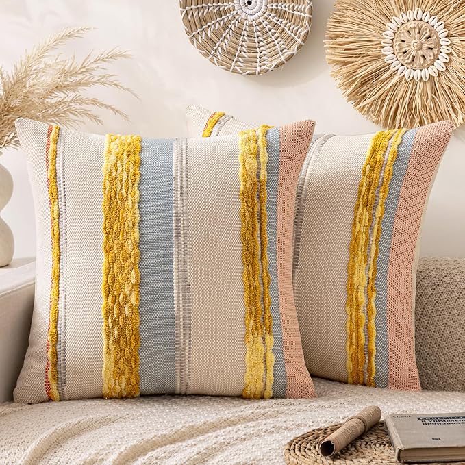 ANRODUO Pack of 2 Boho Decorative Throw Pillow Covers 18x18 Farmhouse Cushion Case Striped Chenille Pillow Cases Square Pillow Covers Accent Neutral Pillowcase for Sofa Couch Bed, Yellow Stripe