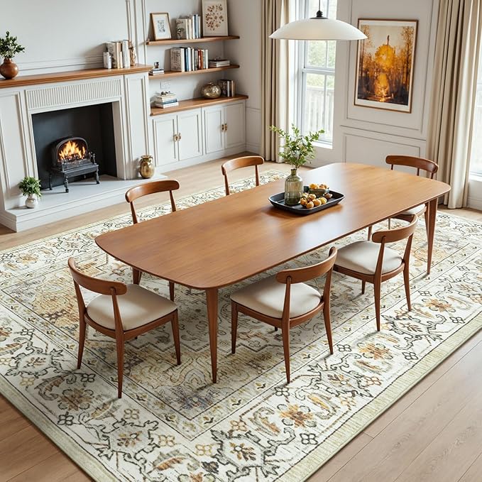 Lessymo 5x7 Area Rugs- Machine Washable Area Rugs, Super Soft Faux-Wool Area Rug for Living Room Bedroom, Boho Area Rug Vintage Floral Medallion Non-Slip Low Pile, Kid & Pet Friendly, Beige