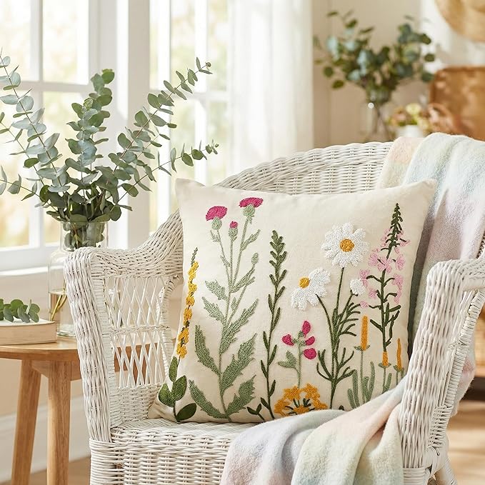 AVOIN colorlife Spring Summer Floral Daisy Embroidered Throw Pillow Cover, 18 x 18 Inch Colorful Flowers Decorative Tufted Patterned Linen Cushion Case for Sofa Couch