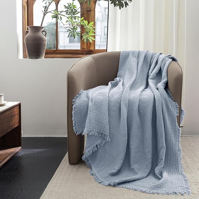 FOSSA Muslin Blanket with Fringe - 4-Layer 100% Cotton Gauze Super Soft & Breathable Throw -Lightweight Decorative Cooling Blanket for Bed, Sofa, Office (Cornflower Blue, Queen (90" × 90"))