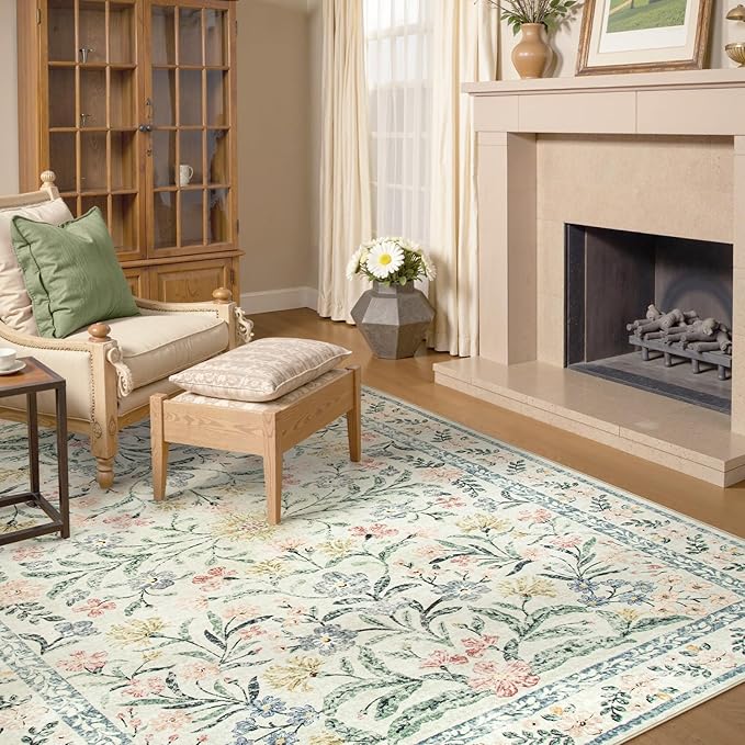 Lahome Sylvie Boho Washable Girls Bedroom 9x12 Rugs, Beige Cream Floral Large Area Rugs for Bedroom, Soft Non-Slip Thin Carpet for Nursery Kids Playroom Dining Room Home, Beige