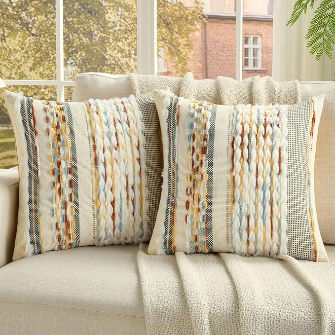 FUTEI Rust Blue Yellow Accent Throw Pillow Covers Set of 2, 18x18 Inch Plush Tufted Striped Textured Decorative Cushion Cases for Farmhouse Boho Couch Decor