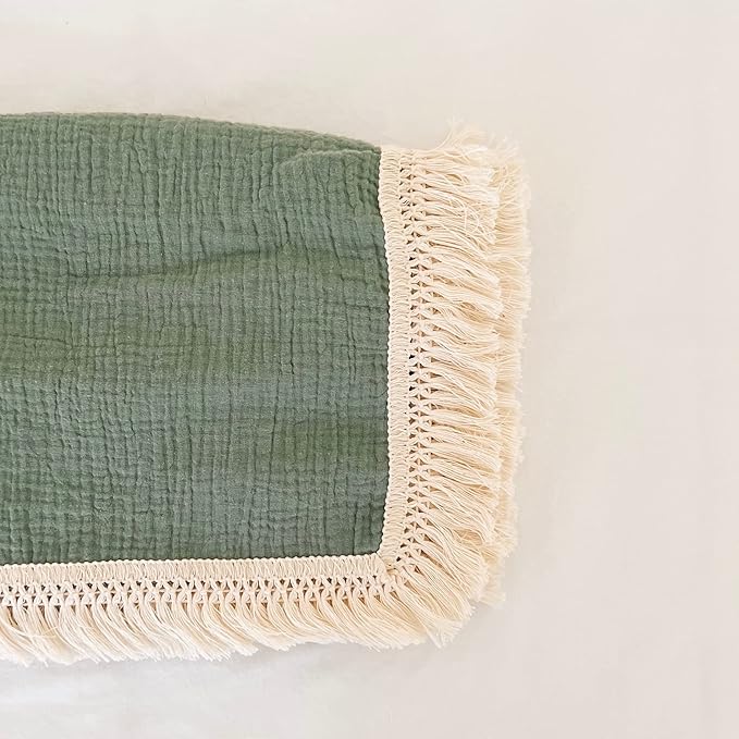 Muslin Cotton Baby Receiving Blanket with Fringe, Boho Bohemian Tassels, Nursery Decor, Boy or Girl Unisex Swaddle Wrap, Use as Throw or Nursing Fringed Blankets (Sage)