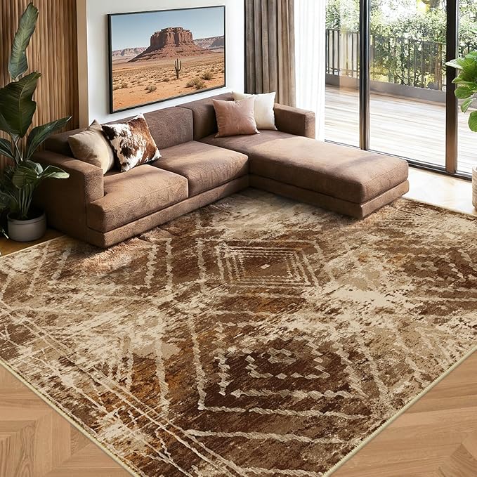 Area Rug 9x12 Rug Machine Washable Non-Slip Low Pile Print Pattern Western Rug for Living Room Bedroom Entryway Tribal Series-Abstract/Cowhide