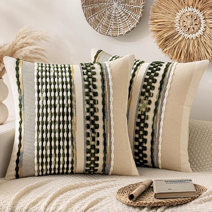 ANRODUO Pack of 2 Boho Decorative Throw Pillow Covers 20x20 Farmhouse Cushion Case Striped Chenille Pillow Cases Square Pillow Covers Accent Neutral Pillowcase for Sofa Couch Bed, Olive Green Stripe