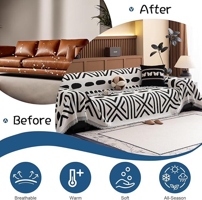 VClife Bohemian Couch Cover Western Aztec Sofa Cover for 2 Cushion Couch Sofa Washable Chenille Sofa Slipcover Boho Non Slip White Black Geometric Couch Slip Cover for Sectional Sofa 71''x118''