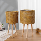 THY COLLECTIBLES Set of 2 Natural Color Woven Planter Baskets with Plastic Lining and 3 Wooden Legs, Multipurpose Storage for Plants, Flowers, Toys, Rustic Farmhouse (Thin Weave)