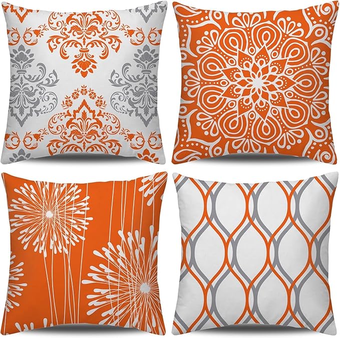 Coliuso Decorative Throw Pillow Covers 20x20 inch Set of 4,Orange and White Modern Simple Square Pillow Case Cushion Cover for Sofa Couch Farmhouse Outdoor Living Room