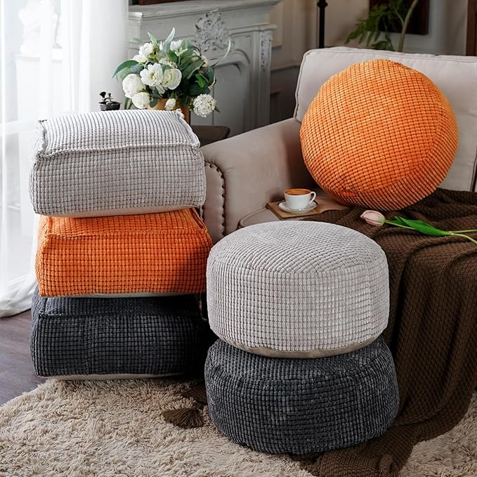 SUTAVIA Pouf Ottoman Cover Unstuffed Pouf Seat Decorative Soft Storage Bean Bag 20x20x8 Inches Floor Footrest for Living Room Bedroom (Light Gray, Round)