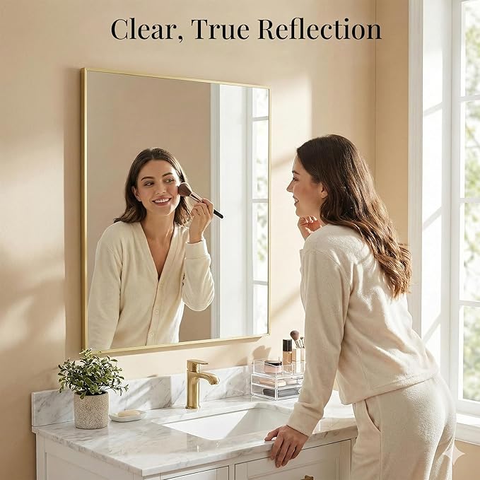 40"x30" Gold Wall Mirror, Metal Framed Bathroom Vanity Mirror, Large Rectangular Mirror for Fireplace Mantle, Transitional Decor, Flush Mount
