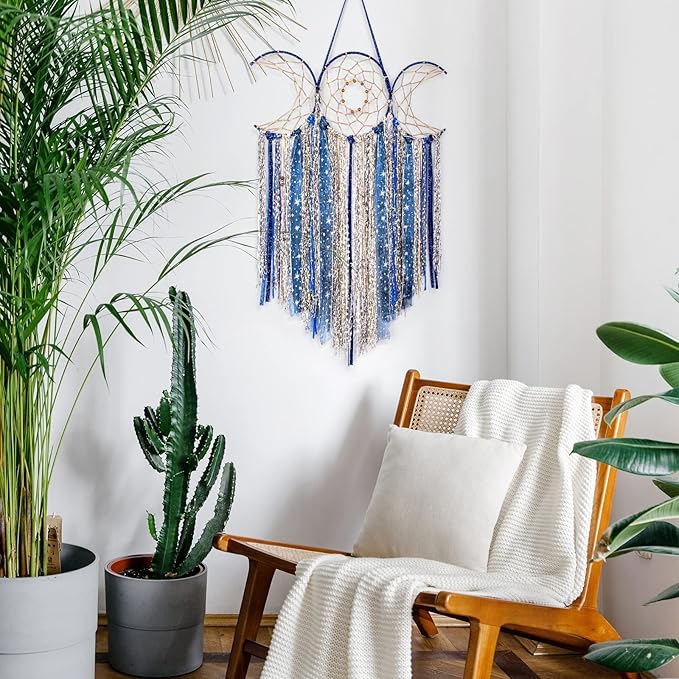 ANROYE Blue Triple Moon Goddess Macrame Wall Hanging, Boho Wiccan Crescent Dream Catcher, Bohemian Dreamcatcher Art for Women, Hippie Woven Pagan Tapestry Decor for Bedroom Decoration