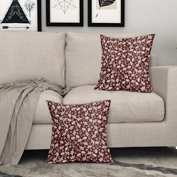 Burgundy Pillow Covers 24x24 Set of 2 Vintage Floral Rustic Old Style Cute Flower Print Decorative Outdoor Pillowcases Seasonal Farmhouse Throw Cushion Case Decor for Couch Sofa Bed