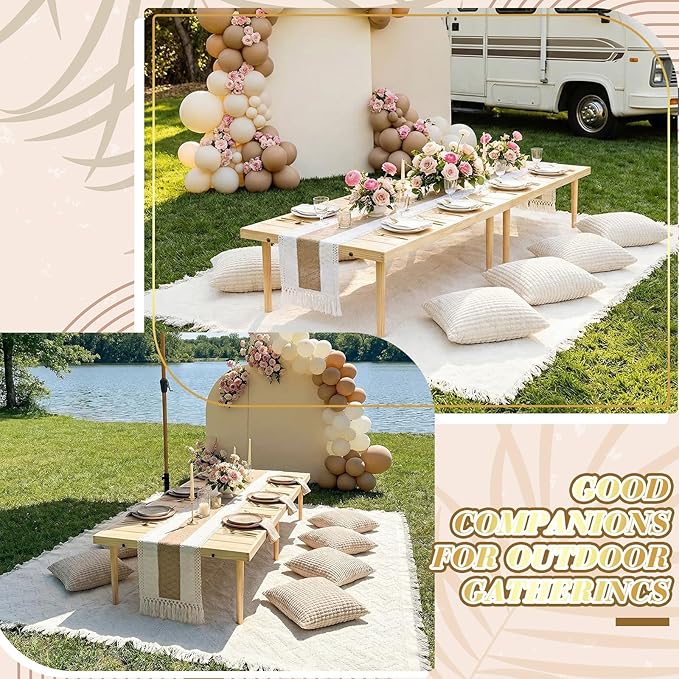 Extra Large Outdoor Boho Picnic Blanket 91'' x 71'' Cream White Table Runner 6 Throw Pillow Cover Woven Cotton Yarn Oversize Beach Blanket Washable for Picnic Camp Wedding