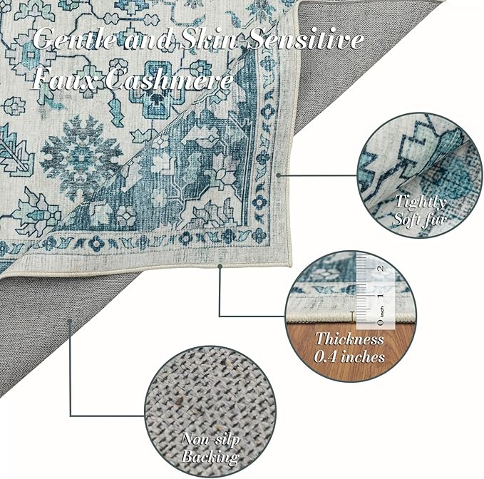Area Rug 8×10, Large Vintage Boho Rug,Ultra-Soft Low Pile, Washable, Non Slip,Stain Resistant, Printed Carpet for Living Room Bedrooms Playroom Office Kitchen, Turquise/Cream