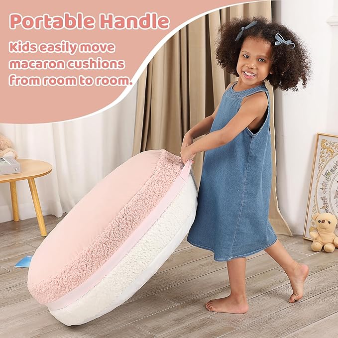 Macaron Bean Bag Chair for Kids and Teens, Medium Bean Bag Sofa with Memory Foam Filling, 27.5"×27.5"×13.5", Pink and White
