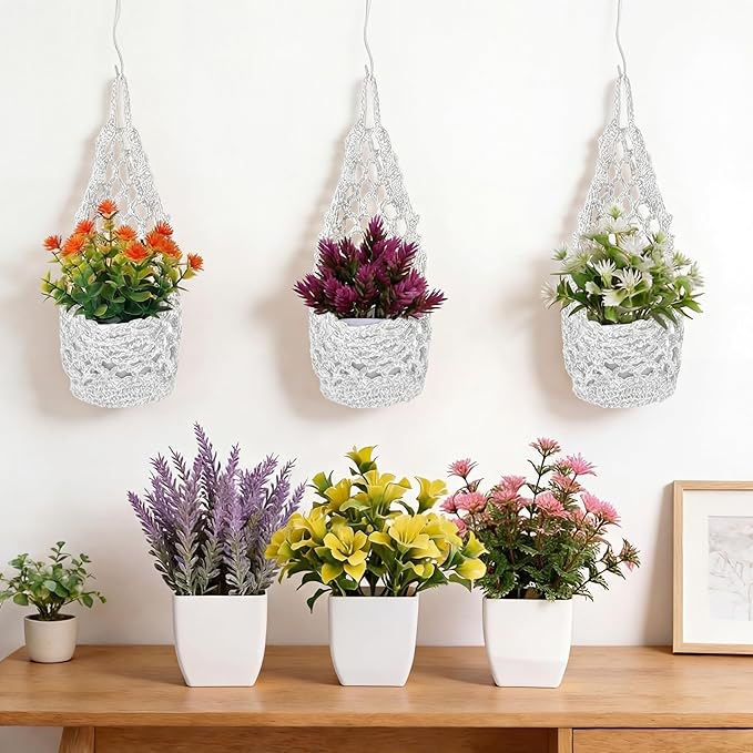 10 Pack Macrame Wall Plant Hanger with Artificial Pot Flower - Boho Wall Hanging Planter for Indoor Plant Cotton Rope Holder with Mini Fake Pot Flower for Home Wedding Decor Gift(White)
