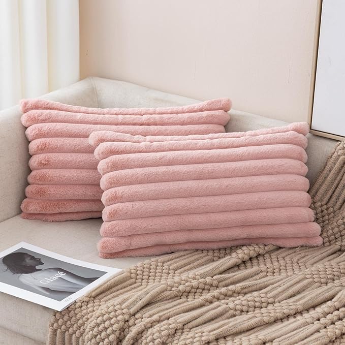 ZLINA Set of 2 Baby Pink Faux Fur Decorative Throw Pillow Covers Fluffy Striped Pillowcase Cushion Covers 12 x 20 Inch Decor Sofa Couch Bedroom