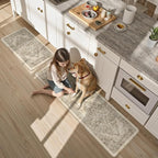 KIMODE Anti Fatigue Kitchen Mats 17"x59"+17"x29", Boho Kitchen Rugs Set of 2, Non-Slip Cushioned Kitchen Mats for Floor, Waterproof Kitchen Floor Mats for Sink, Laundry, Office, Desk Khaki