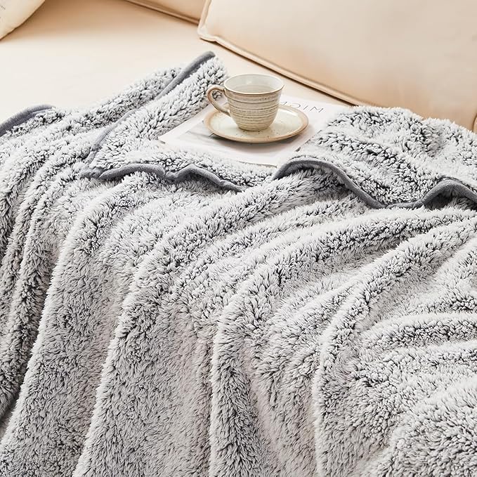 EMME Soft Sherpa Fleece Blanket Reversible Plush Fluffy Large Blanket, Light Weight Warm Decorative Boho Blanket Cover for Sofa, Couch, Bedroom,Travel(Plush Grey,50"x60")