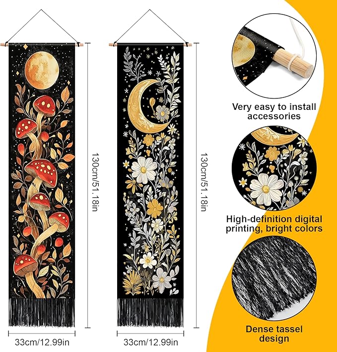 AOHMPT Pack of 2 Long Vertical Tapestry,Nature Landscape Tapestry with Serene Mountain River, Moon & Sun Motifs,Traditional Ink Painting Wall Art,Zen Aesthetic Wall Hanging for Living Room Bedroom Decor 13" W x 51" H"