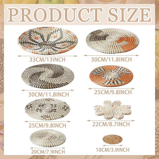 11 Pcs Boho Hanging Wall Basket Decor Handmade Woven Basket Wall Decorative Boho Wicker Baskets Placemats Round Farmhouse Bulrush Art for Rustic Home Decorations Christmas Gift(Cute)