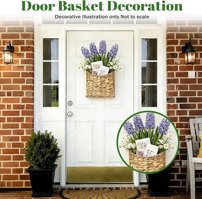 Boho Wall Hanging Basket, Water Hyacinth Woven Basket for Front Door, Flat Back Wall Mounted Entryway Organizer, Storage for Flowers, Plants, Farmhouse, Home Decor