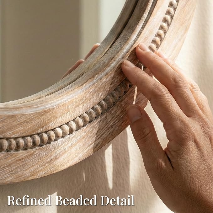 36" Large Round Wood Mirror for Living Room Fireplace, Big Solid Wood Wall Mirror - Oversized Boho Beaded Circle Mirror for Entryway Console & Dining Room