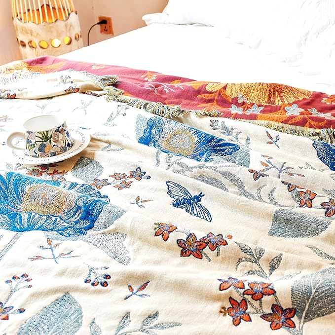 Boho Throw Blanket, 100% Organic Cotton Breathable Ultra Soft Bed Quilt Throw - All Season Floral Bird Butterfly Farmhouse Decor Blanket for Sofa Couch Chair and Gift. 60" x 80"