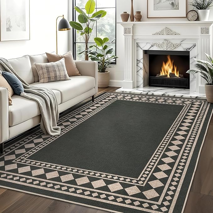 GarveeHome Large Easy Jute Rugs 10x13 Living Room Rug Modern Bordered Solid Rug with Non-Slip Backing, Non-Shedding Jute Indoor Outdoor Neutral Carpet for Dining Room, Patio, Backyard, Black