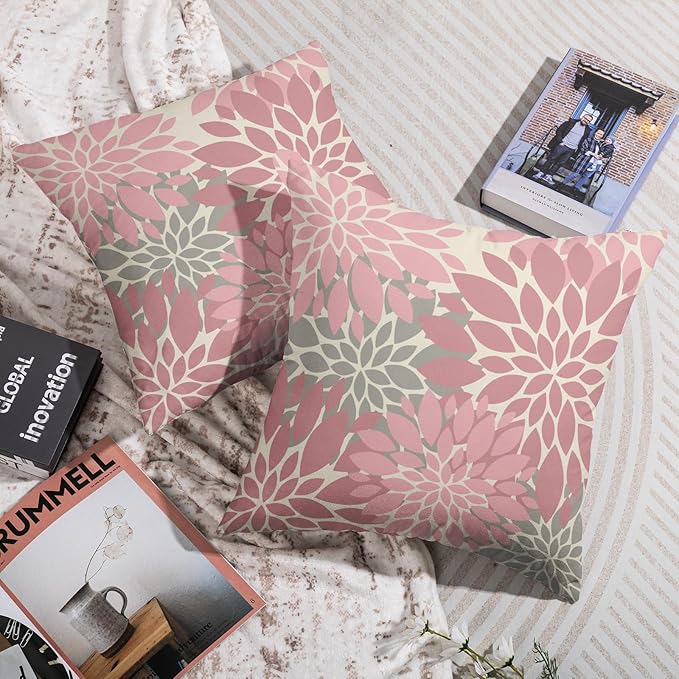 Pink Grey Gray Pillow Covers 16X16 Inch Set of 2, Dahlia Flower Spring Summer Floral Cream Decorative Throw Pillow Covers Outdoor Modern Farmhouse Cushion Case for Home Couch Sofa Bed Decor