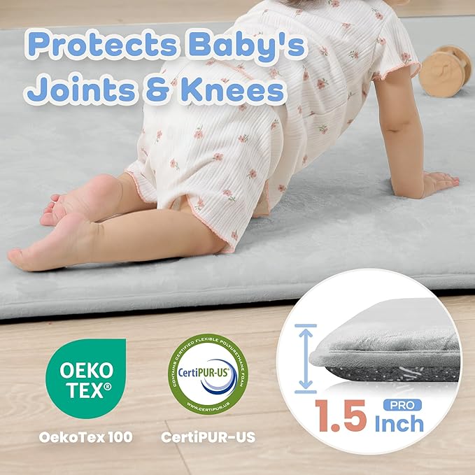 1.5" Thick Baby Play Mat for Floor, 50x50 Playpen Mat, Pro Soft Flannel Foam Mats Toddler Infant Kids Crawling for Nursery Rug Playroom Living Room Waterproof Easy Care Non-Slip (Light Grey)